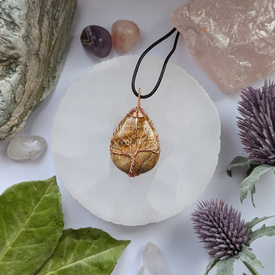 Petrified Wood Rose Gold Tree Of Life Teardrop Necklace