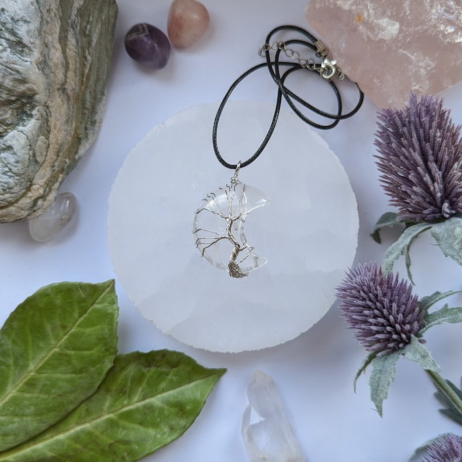 Clear Quartz Moon Tree Of Life Pendant Necklace